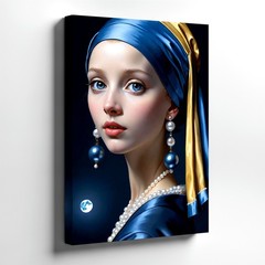 Wall Art Pearl Earring Girl Portrait Blue Gold Headscarf Canvas Print Decor