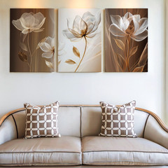 3 Pieces Elegant Neutral Toned Floral Large Wall Art Set for Living Set Of 3