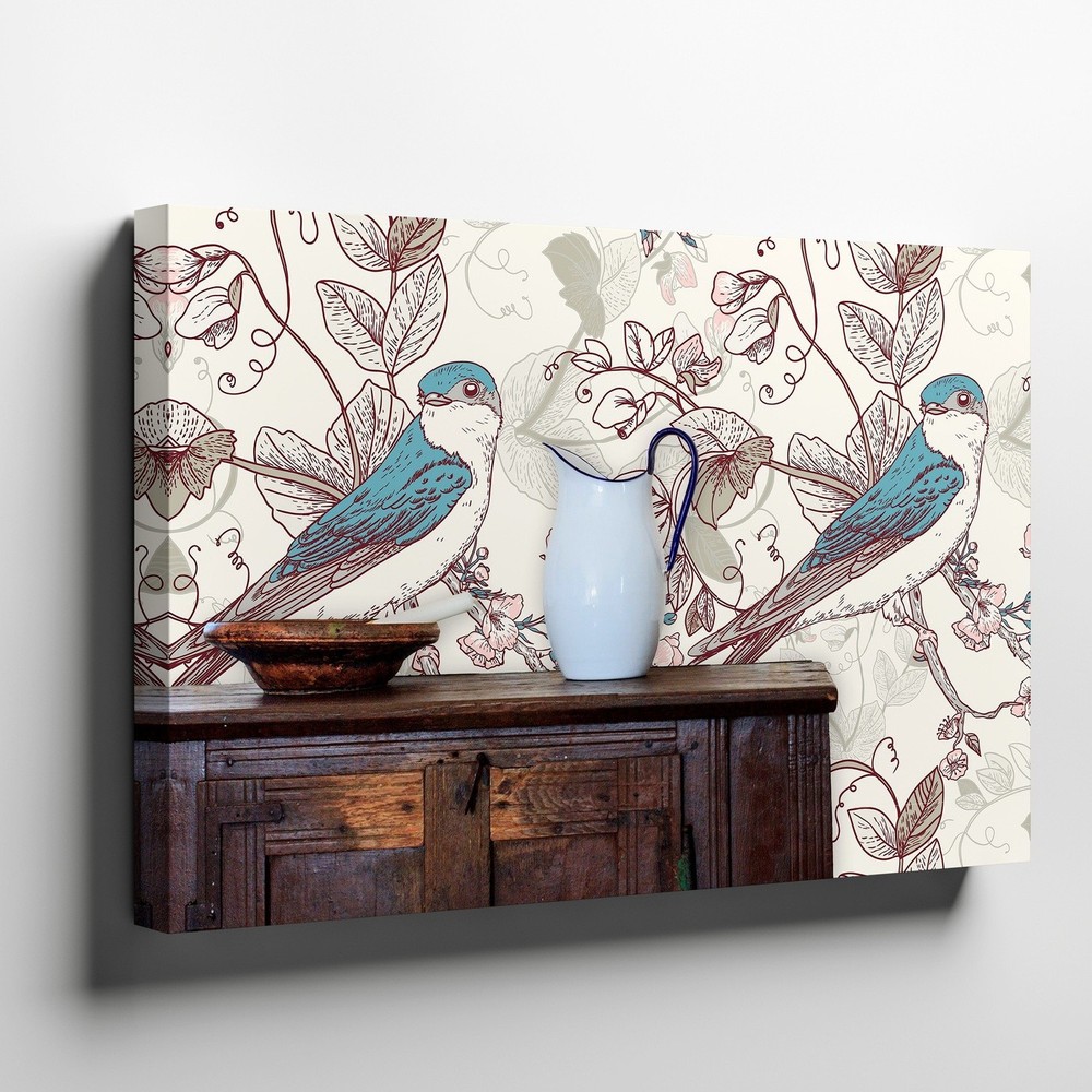Blue and White Bird Floral Canvas Wall Art Print for Vintage Nature Home Decor