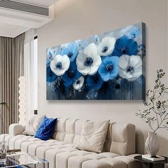 Blue and White Flower Canvas Wall Art Canvas Painting Poster,DIY Framed 24″x48″