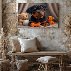 Adorable Rottweiler Puppy with Toys Canvas Wall Art Dog Print for Home Decor