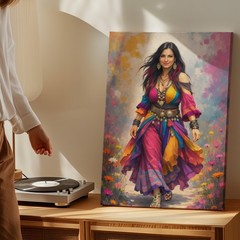 Colorful Bohemian Woman Canvas Wall Art Gypsy Style Colorful Dress Canvas Print