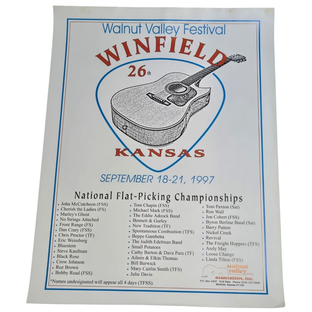 Walnut Valley Festival Bluegrass Music Winfield Kansas 1997 Poster Guitar Art