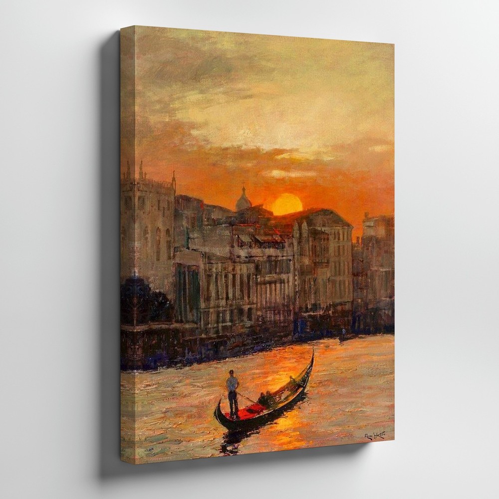 Sunset Venice Canal Landscape With Gondola And Cityscape Canvas Wall Art Print