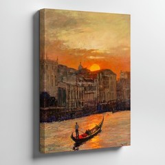 Sunset Venice Canal Landscape With Gondola And Cityscape Canvas Wall Art Print