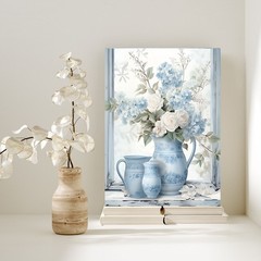 16×20 Blue and White Floral Window Canvas Print Wall Art