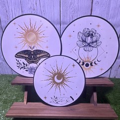 Set of 3 Round Decorative Wooden Prints Celestial Botanical White Black Gold