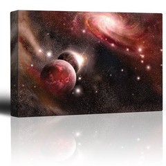 Red Starry Galaxy with Floating Planets – Canvas Art Home Decor – 24×36 inches