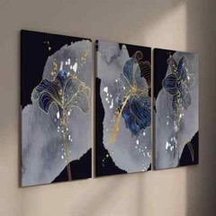 3pcs Blue Golden and Grey Botanical Flower Wall Art Canvas Unframed/Framed