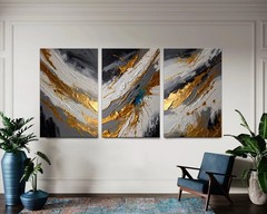 Grey and Gold Abstract Large 3-Panel Canvas Print, Home Decor Neutral Wall Art