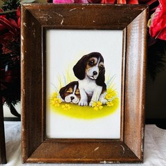 Vintage Nursery Animal Prints Frog & Beagle Puppies Framed Set Cottage