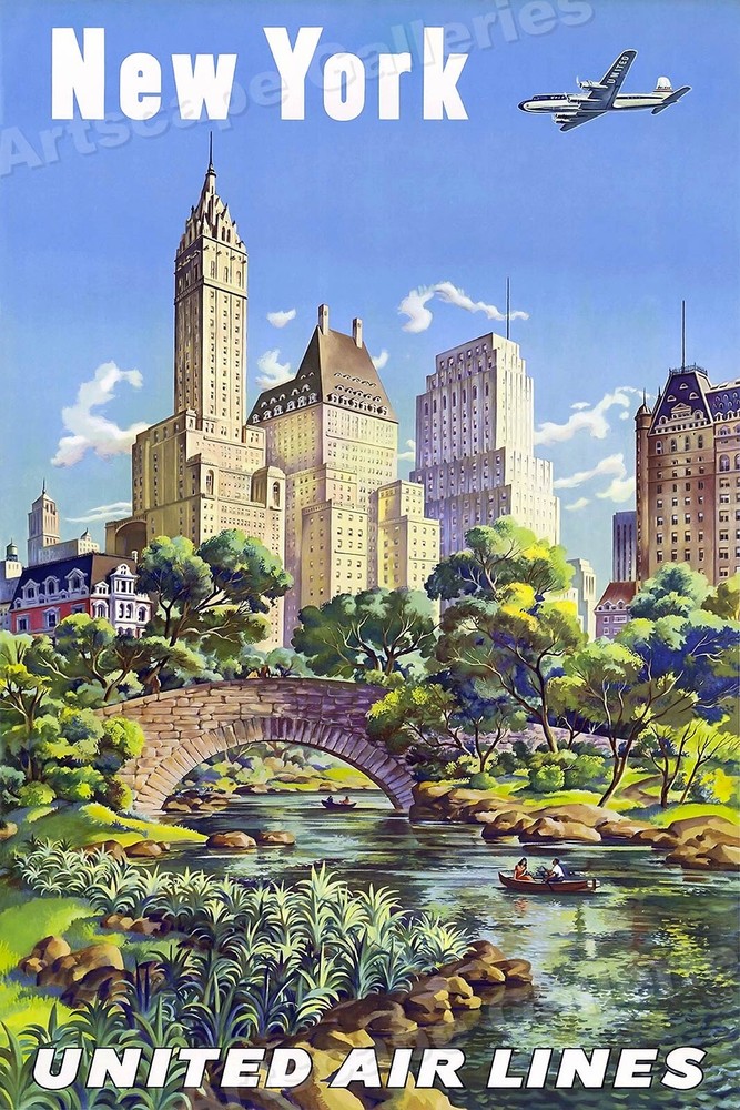New York Central Park 1950s Vintage Style Airline Travel Poster – 24×36