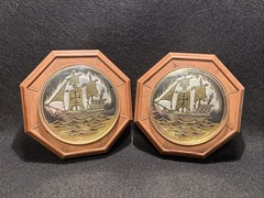 Vintage Octagon Pirate Ship Prints Framed Dome Plastic Faux Wood Pair Set Of 2