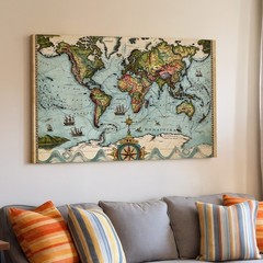 Vintage-style World Map Featuring North And South America, Illustrated Wall Art