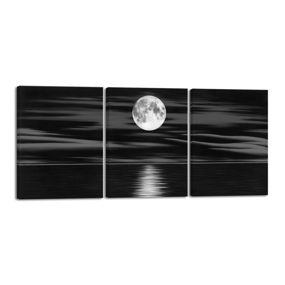 3 Panel Sea White Full Moon in Night Black and White Ocean Beach Canvas Wall Art