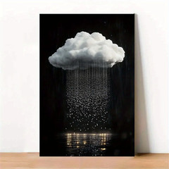 1Pc Frameless Canvas Art – Serene White Cloud and Raindrop Scene with Black Back