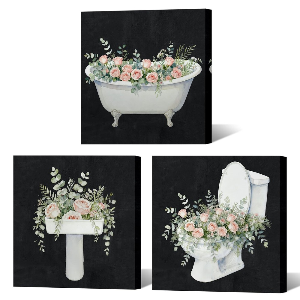 Bathroom Wall Art Set of 3 Canvas Prints 12×12 Inch Stretched Modern Floral B…