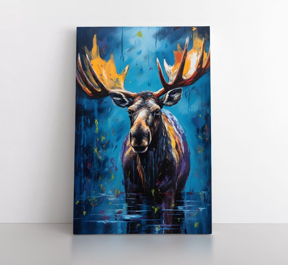 Colorful Moose Oil Painting Print Canvas Wall Art Wildlife Animals Lodge Decor