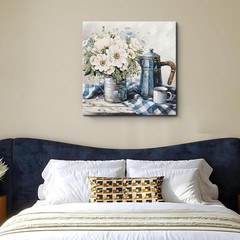 YPGEAME Blue and White Flower Kitchen Wall Picture on Canvas, Striped Tablecloth