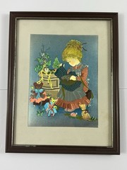 Vintage Christmas Foil Art Print Girl Teddy Bear Cat Framed Holiday Wall Decor