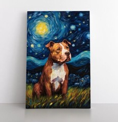 Cute Brown Pitbull Starry Night Style Oil Painting Print on Canvas Pet Dog Gift