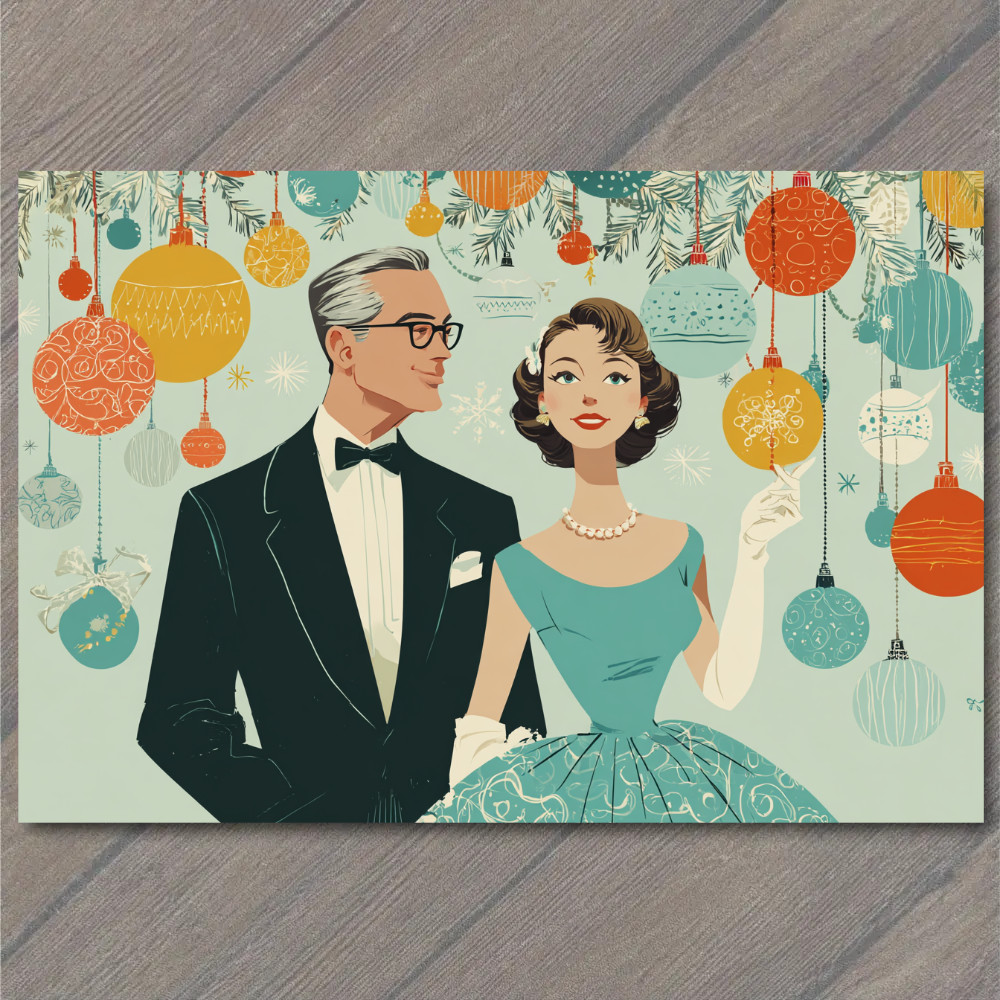 Art Print Retro Christmas Couple Ornaments Dress Tux Holiday Elegance Charm