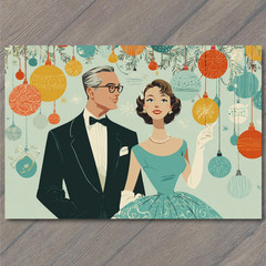 Art Print Retro Christmas Couple Ornaments Dress Tux Holiday Elegance Charm