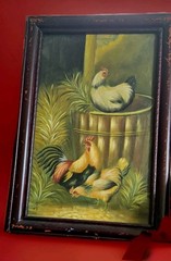 Vtg Rooster Chickens Farm Life Oil Painting on Canvas Frame 30X20.5″ Art 25X16″