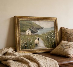 Rustic Coastal Sheep Oil Painting in Vintage Gold Frame – Farmhouse Wall Decor