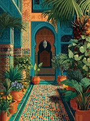 Vintage Moroccan Garden Poster Tropical Palm Tree Wall Art Boho Print