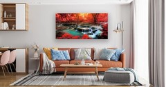 Canvas Print Red Forest Waterfall Canvas Painting Wall Mural, DIY Framed 24″x48″