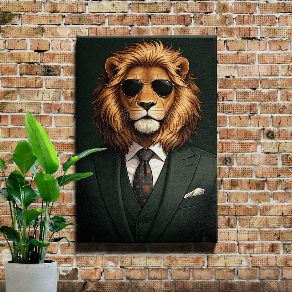 Lion in Green Suit Framed Canvas Wall Art Fashion Portrait Stylish Animal Print