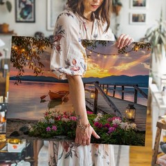 Sunset Lake Canvas Wall Art with Pier Boat Lanterns Flowers & String Lights
