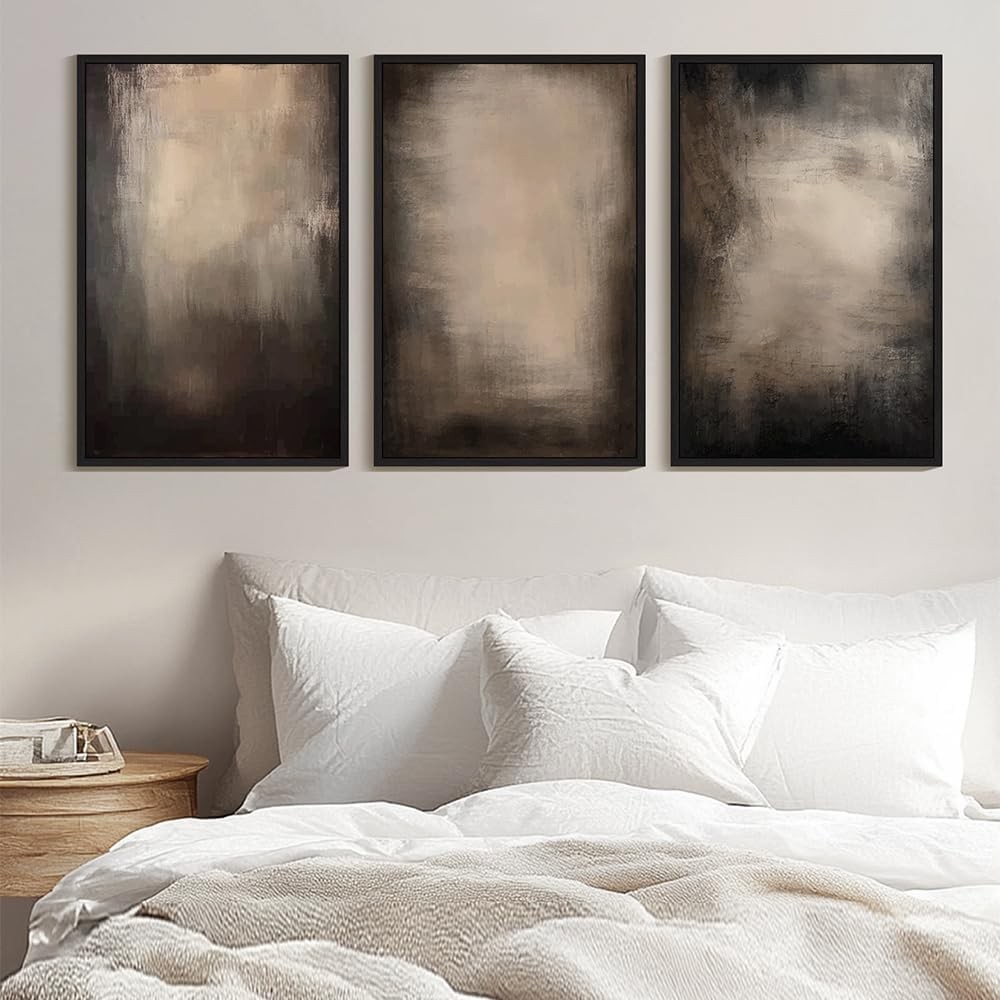 Abstract Framed Wall Art Huge 24x36in Earthy in Deep Brown and Beige Tones Mo…