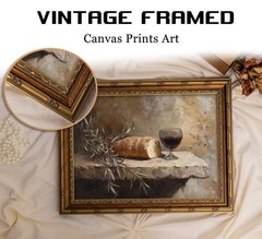 Vintage Gold Framed Still Life Wall Art, Christian Kitchen Communion Painting…