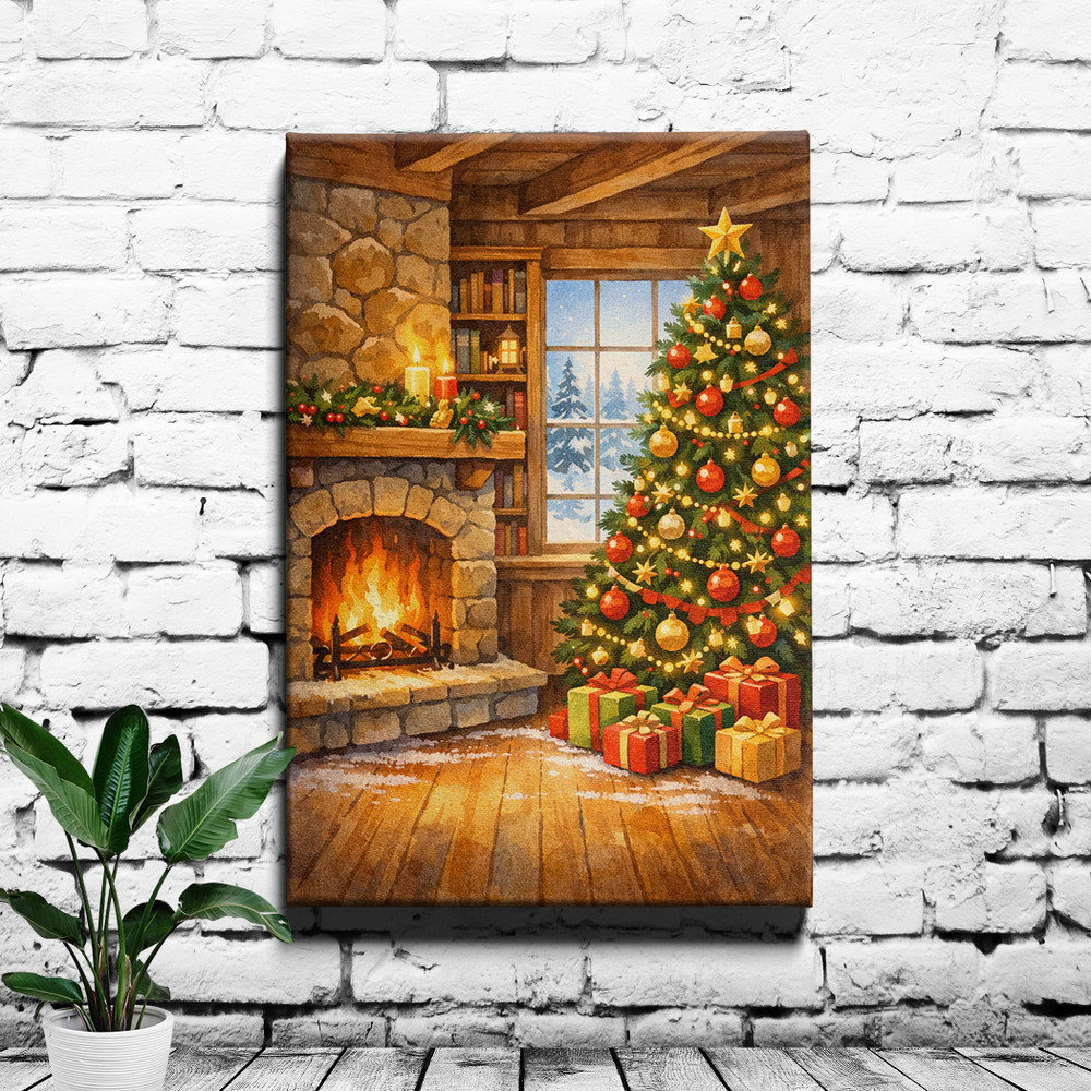 Cozy Fireplace Mantel Wall Art Snowy Winter Scene Wrapped Canvas Framed Print