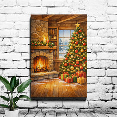 Cozy Fireplace Mantel Wall Art Snowy Winter Scene Wrapped Canvas Framed Print