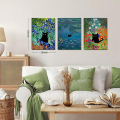 Monet Wall Art Set of 3 – Funny Cat in Water Lilies Canvas Paintings Prints, Gar