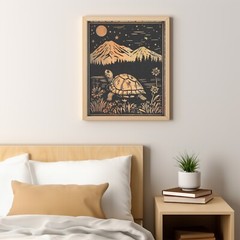 Vintage TURTLE MOON FLOWER Wall Art, Tortoise Mountain Botanical Celestial Decor