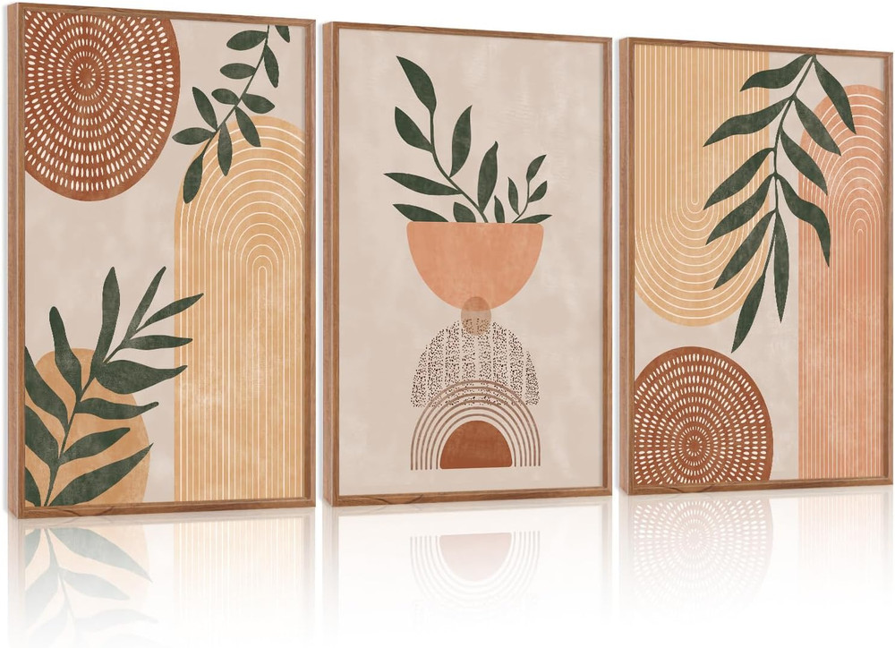 Boho Geometric Framed Canvas Wall Art Set of 3, Modern Minimalist Wall Decor, Bo