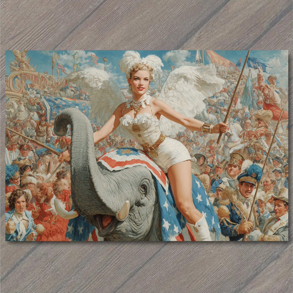 Art Print Pinup Girl Patriotic Parade Elephant Wings Red White Blue Circus Crowd