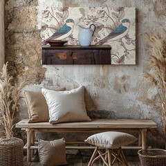 Blue and White Bird Floral Canvas Wall Art Print for Vintage Nature Home Decor