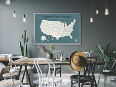 – USA State Travel Adventure Map Poster – Includes Push Pins – Blue / 24 x 17 In
