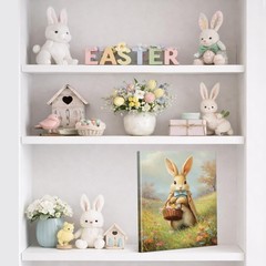 Cute Floral Bunny Easter Wall Art Print Vintage Bunny Picking Flowers Canvas …