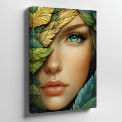 Green Eyed Woman Face With Gold And Green Leaves Canvas Wall Art Decor Art Print