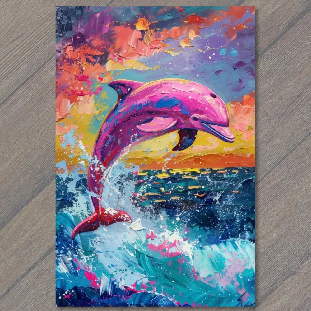 Art Print Pink Dolphin Jumping Out of Water Ocean Sea Unusual Rare Fun Cute