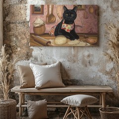 Baking Black Cat Canvas Anthropomorphic Feline In Kitchen With Apron When A Wall