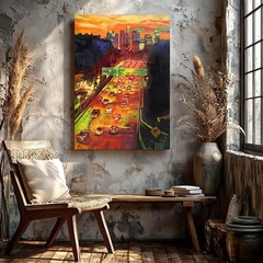 Wall Art City Traffic Sunset Painting Urban Highway Skyline Canvas Print Decor
