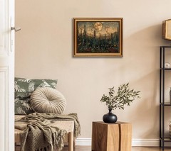 Gold Framed Vintage Forest Full Moon Wall Art, Moonlit Pine Tree Wall Decor P…