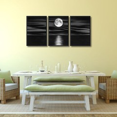 Framed 3 Panel Sea White Full Moon Black and White Ocean Beach Canvas Wall Art